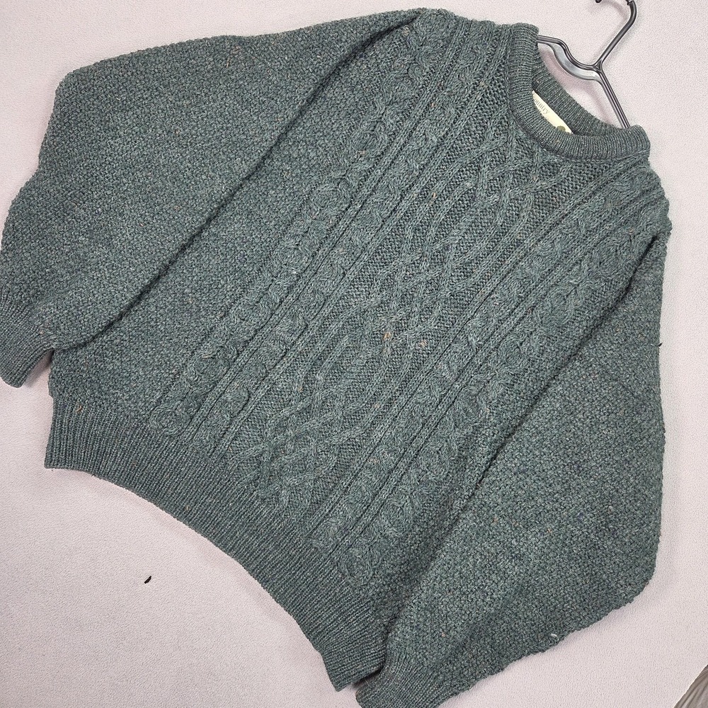 Country Collection Sweater Mens XL Green Wool Aran Cable Knit Crewneck Ireland - Picture 2 of 7